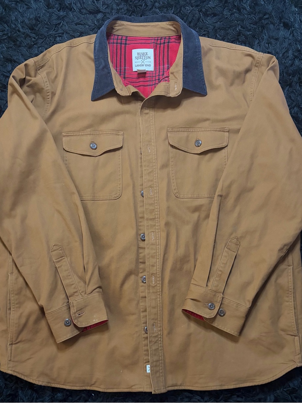 Lands' End Men's Workshirt Jacket in Tan with Dark Navy Collar